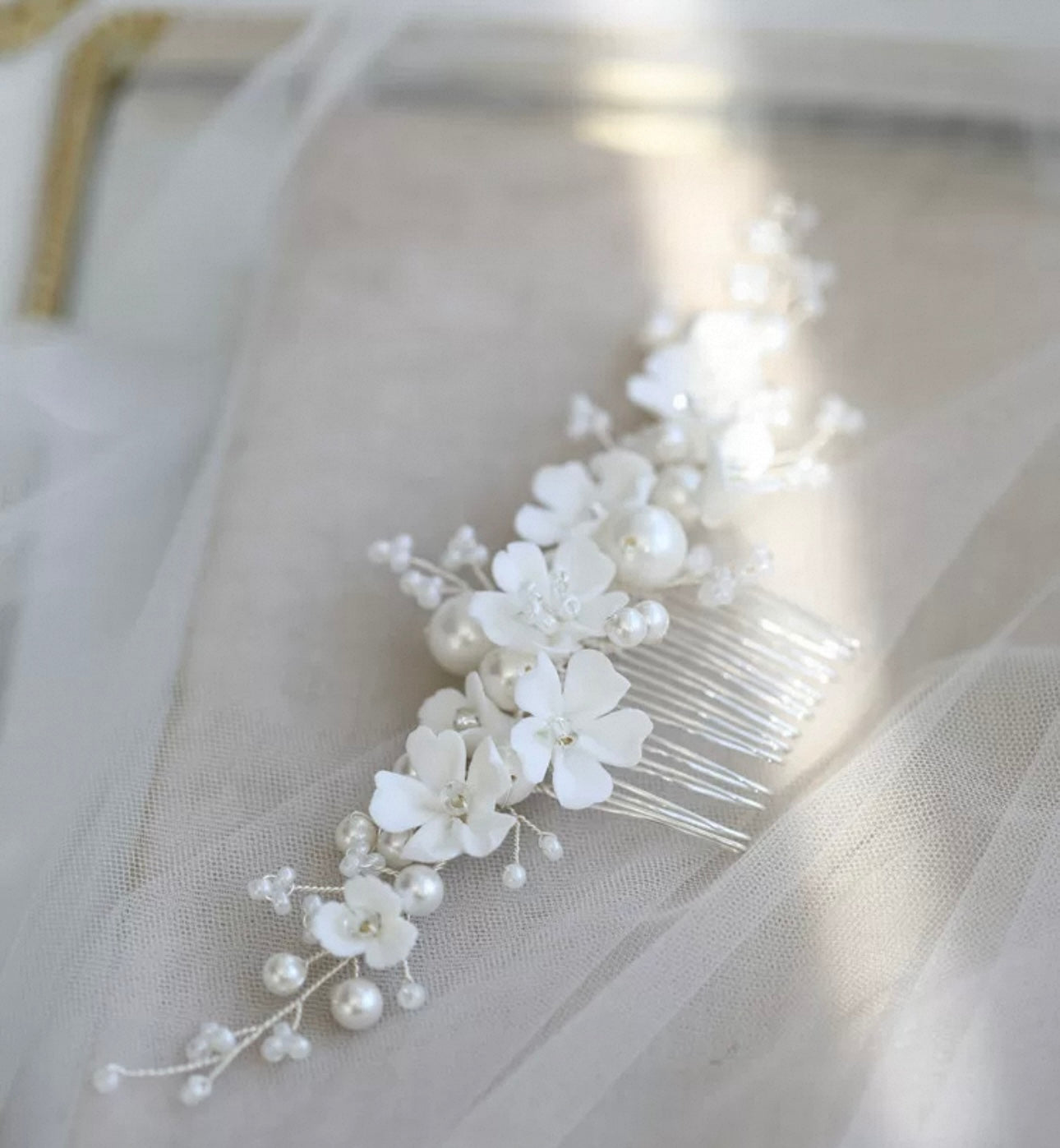 HCD-705-2 | White Blossom & Pearl Bridal Hair Comb