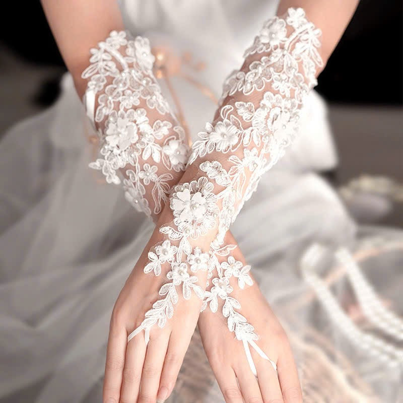 GT-187-10 | 3D Floral Lace Fingerless Bridal Gloves