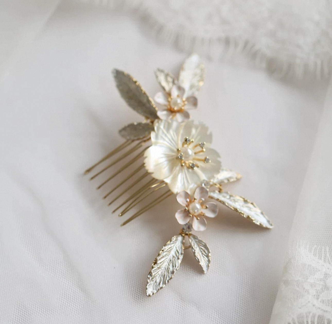 HCD-849-2 | Ivory Blossom & Leaf Bridal Hair Comb