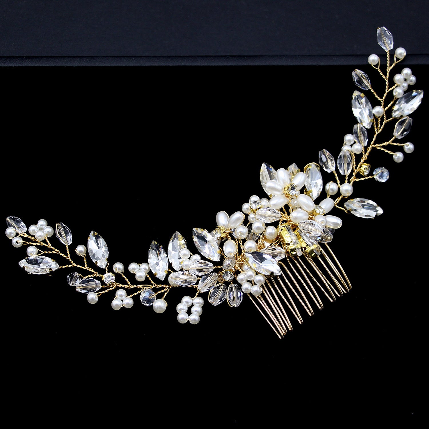 HCD-018-10 | Crystal Bloom Pearl Bridal Comb ( Gold)