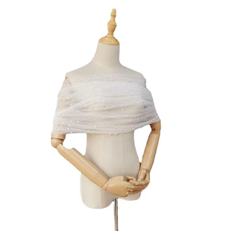 QV-189-5 | Off-Shoulder Pearl Tulle Bridal Shawl
