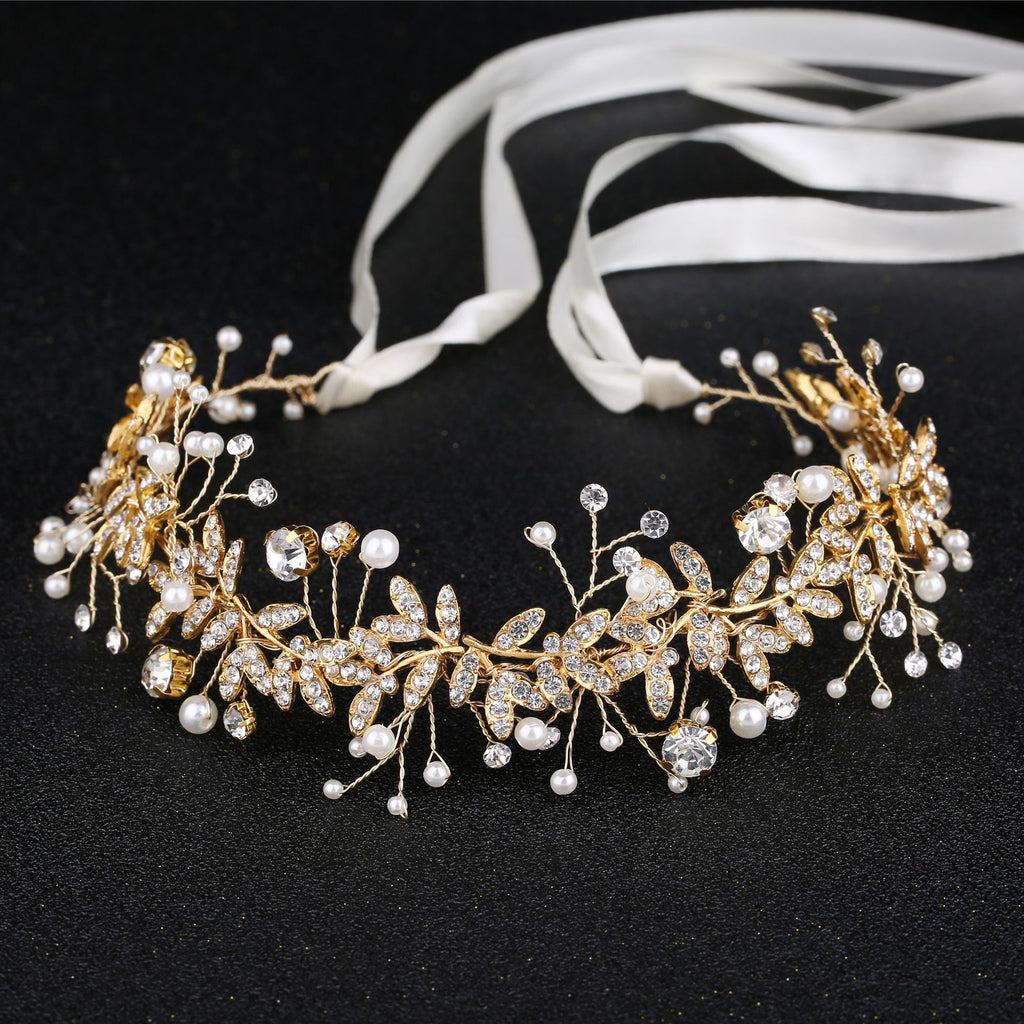 HCD-918-10 | Golden Pearl & Crystal Bridal Tiara Vine