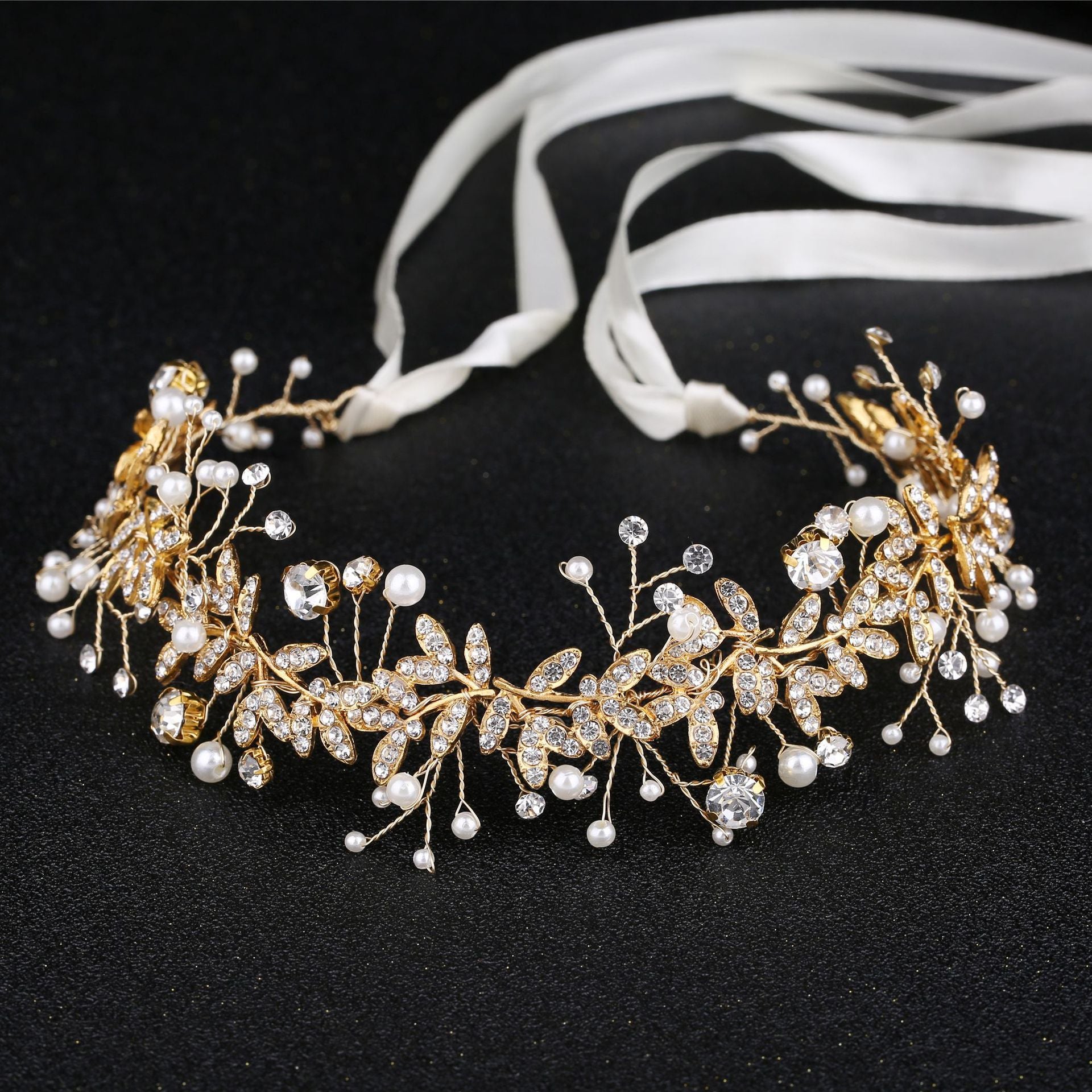 HCD-918-10 | Golden Pearl & Crystal Bridal Tiara Vine